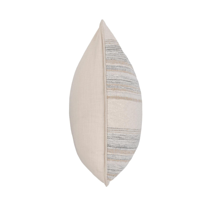 Ivory pillow with striped edge panel shown in side view