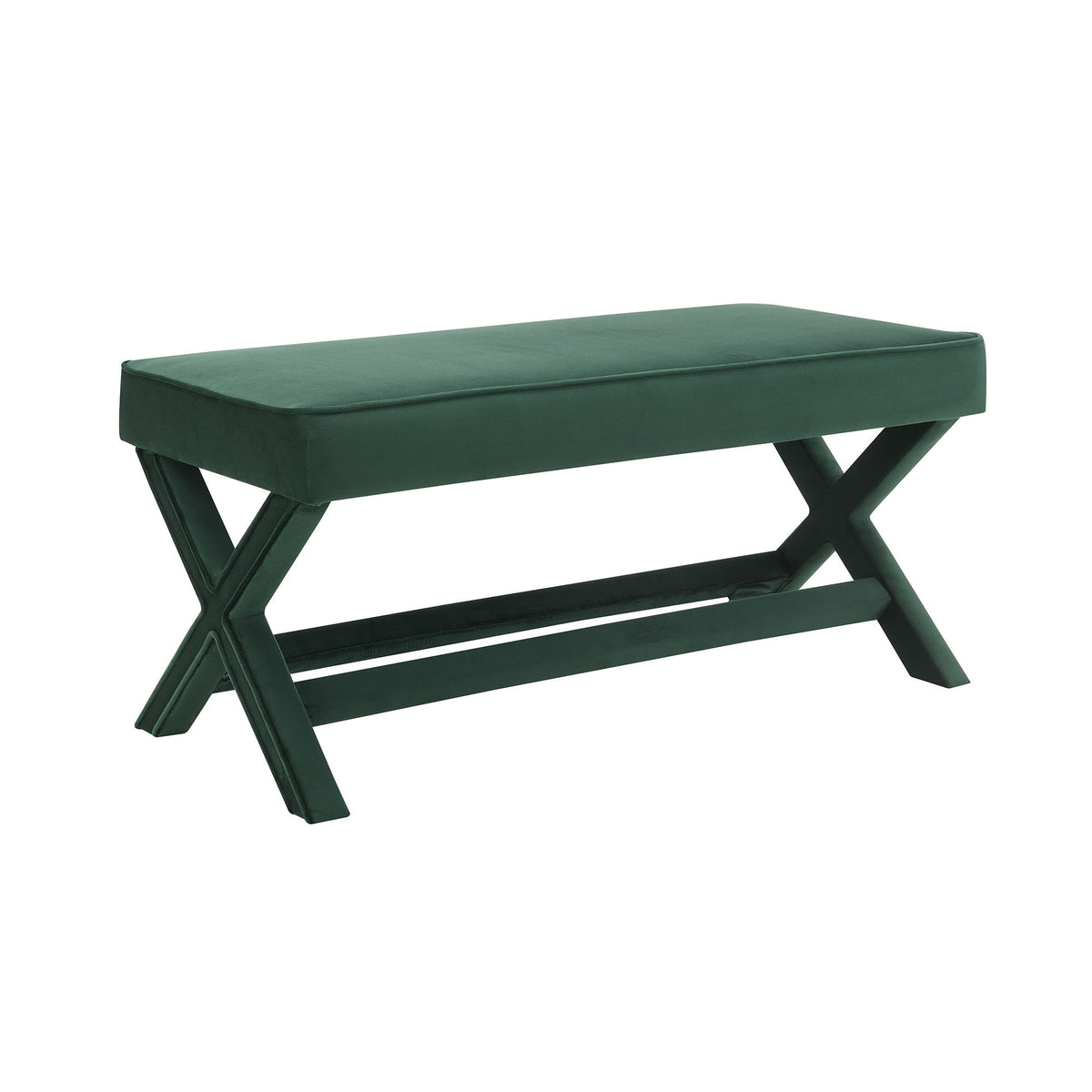 Dark green upholstered double bench with crossed X-style legs and lower support shelf.