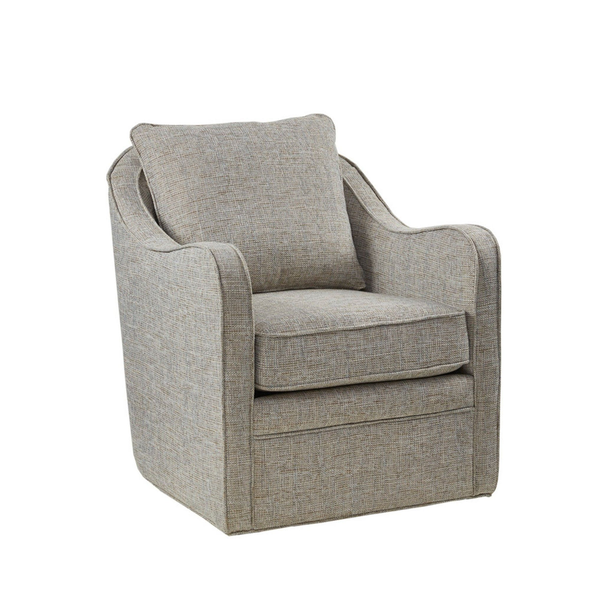 Gray upholstered arm chair with wide arms and thick cushioned seat