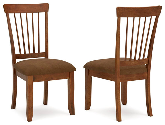 Set of 2 dining side chairs with vertical slat backs and upholstered seats, rustic brown