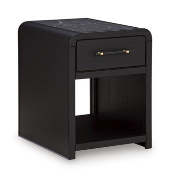 Black rectangular table corner view with one drawer and open storage shelf