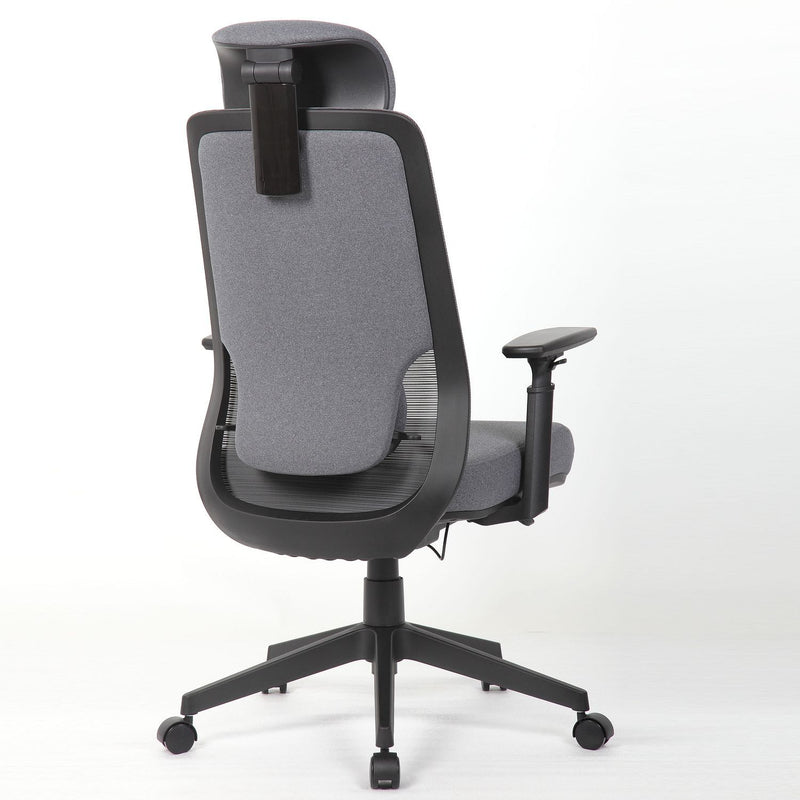 Gray high-back office chair with padded headrest and curved seat cushion