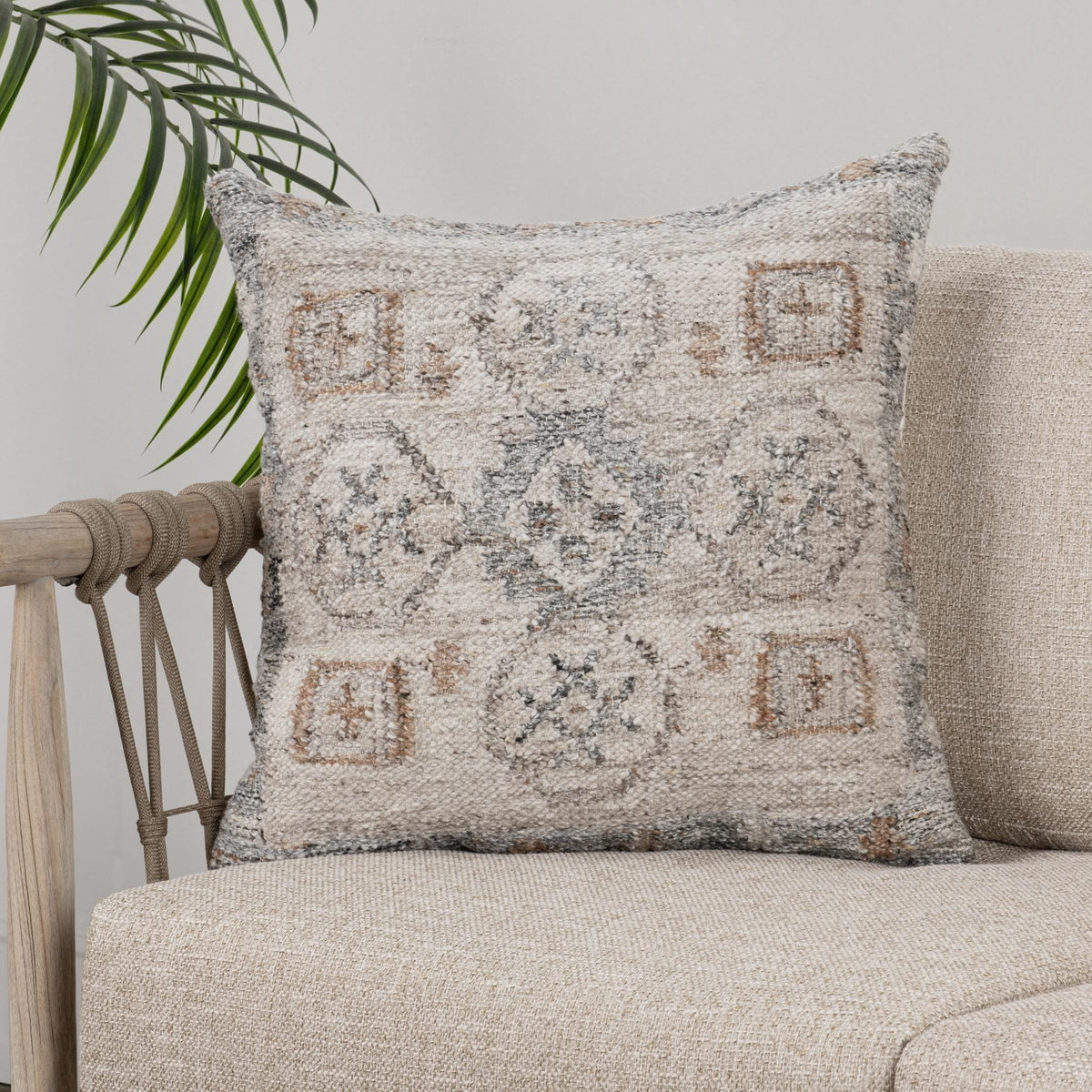 Gray geometric 22x22 in throw pillow, woven multi-tone square front