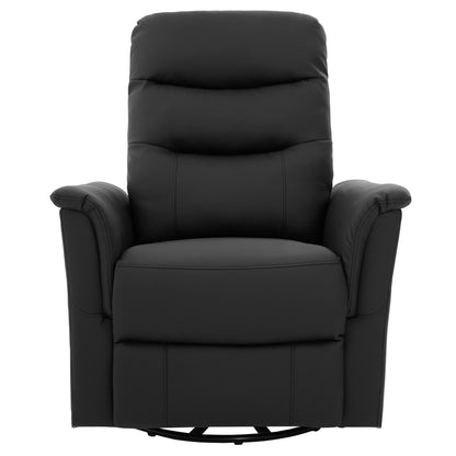 Black manual recliner chair with cushioned arms and back, swivel base