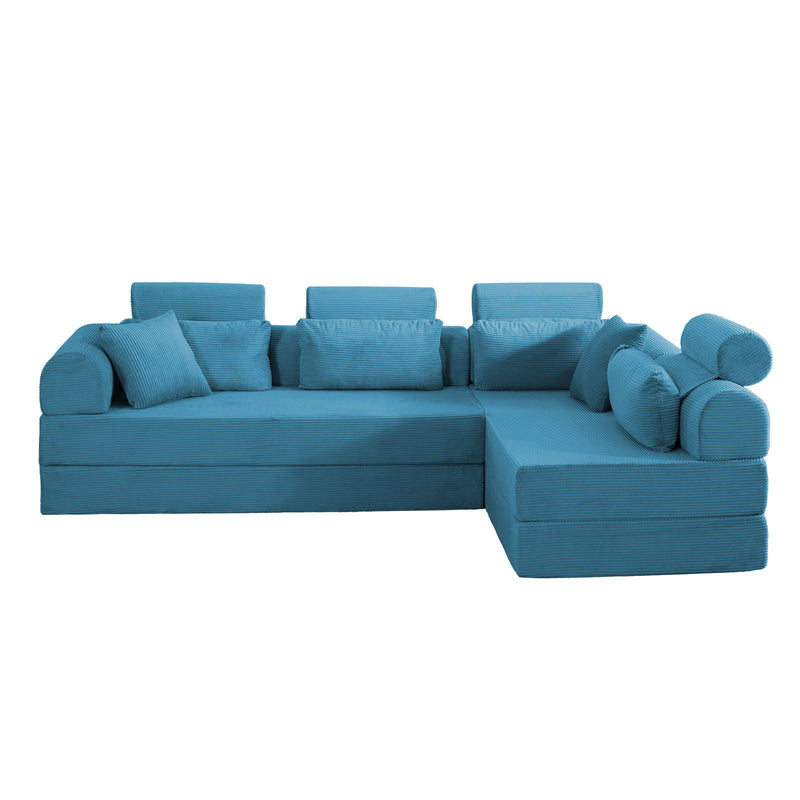 Light blue L-shaped modular sectional sofa with three back cushions and rounded armrests