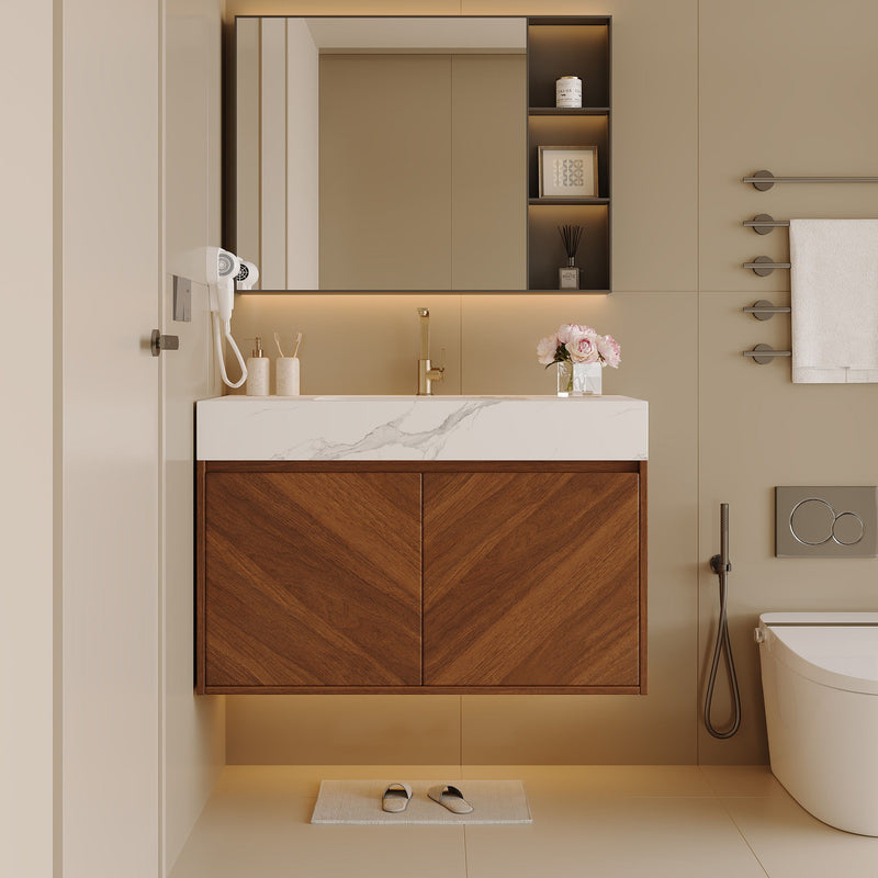 Walnut bathroom vanity with white sink mounted beneath a mirror in a bathroom