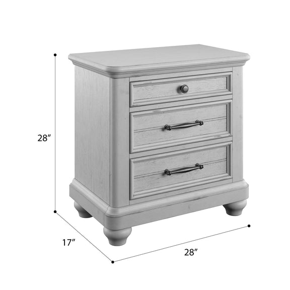 Gray wood 3-drawer nightstand with metal pulls and rounded legs.