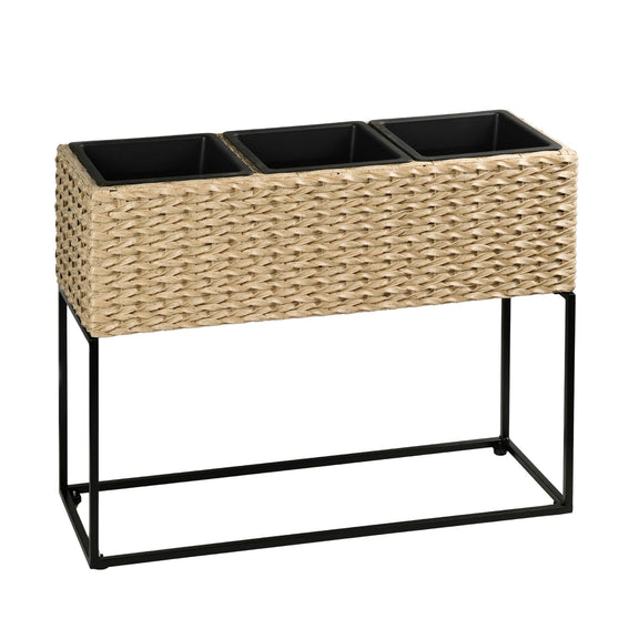 Solhome light brown woven planter box with three black removable inserts and a black metal stand