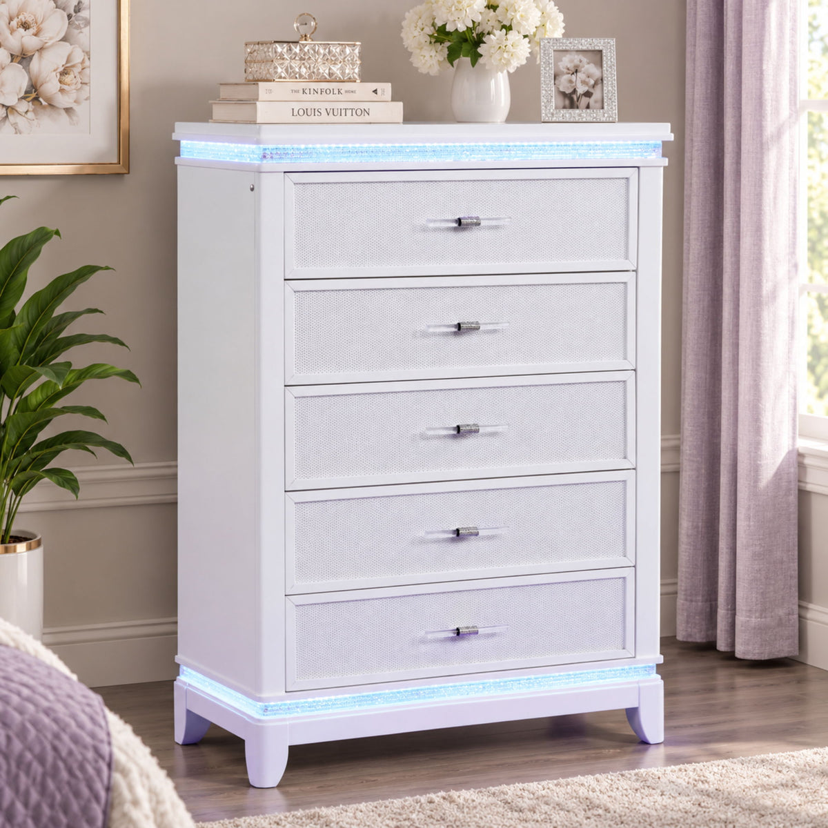 White five-drawer chest with metal drawer pulls and tapered legs