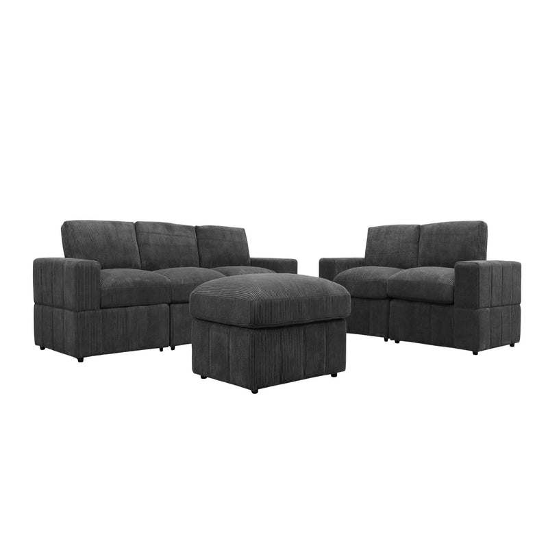 Dark gray modular sectional sofa set with loveseat and ottoman, three-seat layout