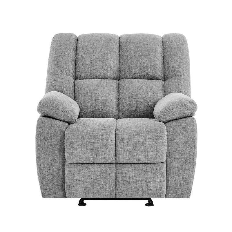 Gray fabric glider recliner with rounded padded arms, tufted back, and recline seat