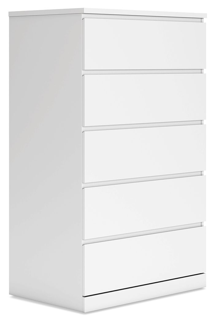 White five-drawer chest with flat drawer fronts and horizontal metal pulls