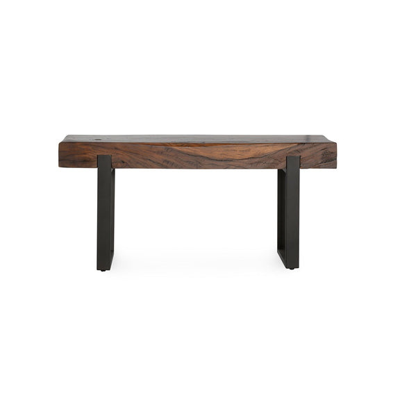 Reclaimed wood coffee table with black metal legs and grooved plank top