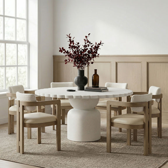 Indoor/outdoor pedestal table with round scalloped white top