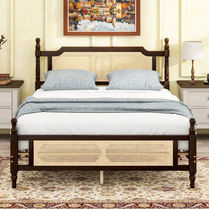 Queen Pine wooden Bed with Rattan Headboard and Footboard, with Central Enhanced Bed Platform, Espresso, Coastal