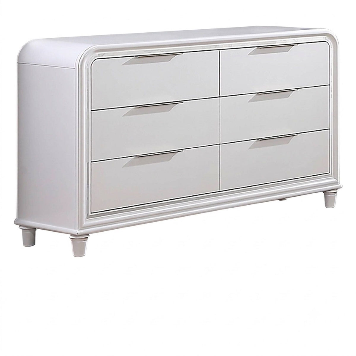 White 6-drawer dresser with arched chrome trim and long silver bar handles