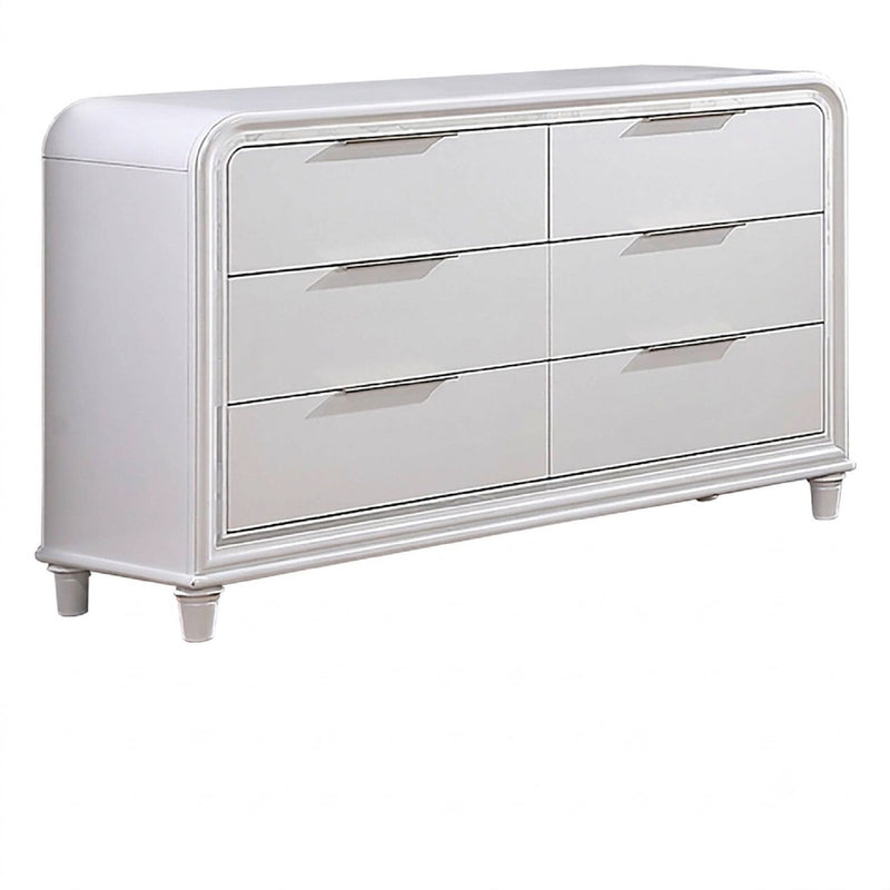 White 6-drawer dresser with arched chrome trim and long silver bar handles