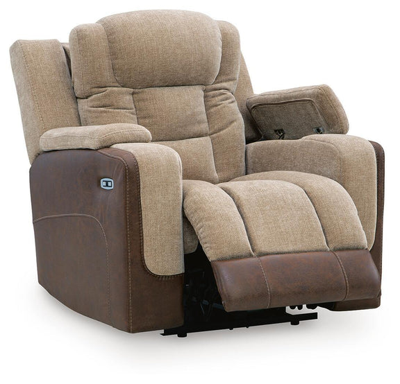 Power recliner with adjustable headrest, beige upholstery, dark brown sides, extended footrest