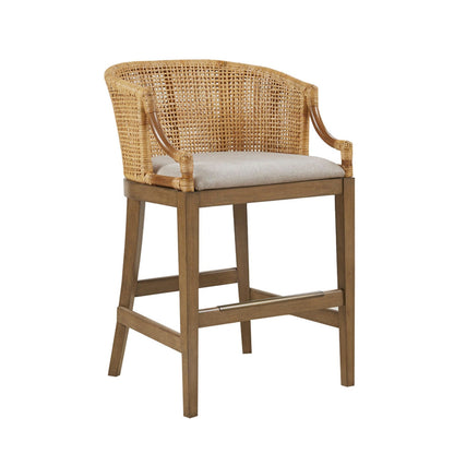 Dark wood and rattan counter stool with white cushion and arched armrests
