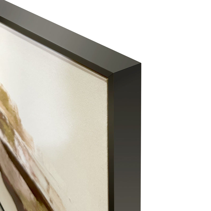 Dark frame corner and textured canvas edge of an abstract painting