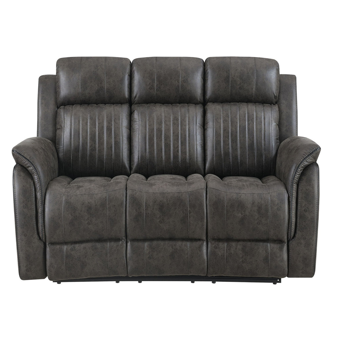 Gray reclining sofa with padded arms, tufted back, and cushioned recline seats