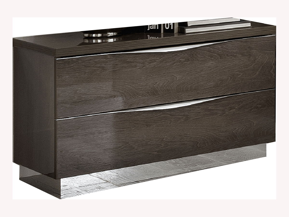 Dark brown wood nightstand with two drawers and slim horizontal metal pulls