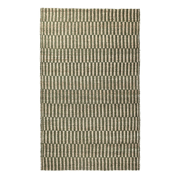 Jute rug with green and natural striped pattern, close woven texture
