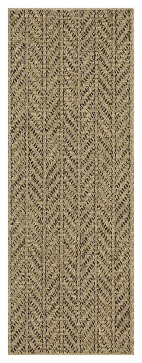 Light brown indoor/outdoor area rug with narrow vertical chevron motif