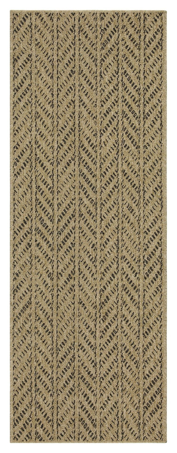 Light brown indoor/outdoor area rug with narrow vertical chevron motif