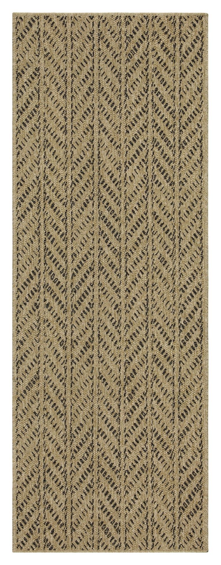 Light brown indoor/outdoor area rug with narrow vertical chevron motif
