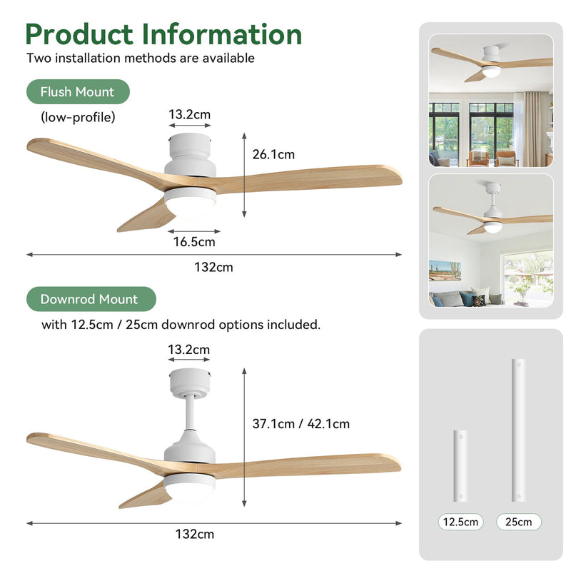 52" Ceiling Fan With Dimmable LED Light, 6 Speed DC Motor, 3 Blades