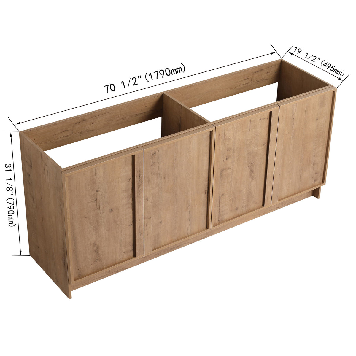 Freestanding bathroom vanity cabinet with measurements shown on the side panel