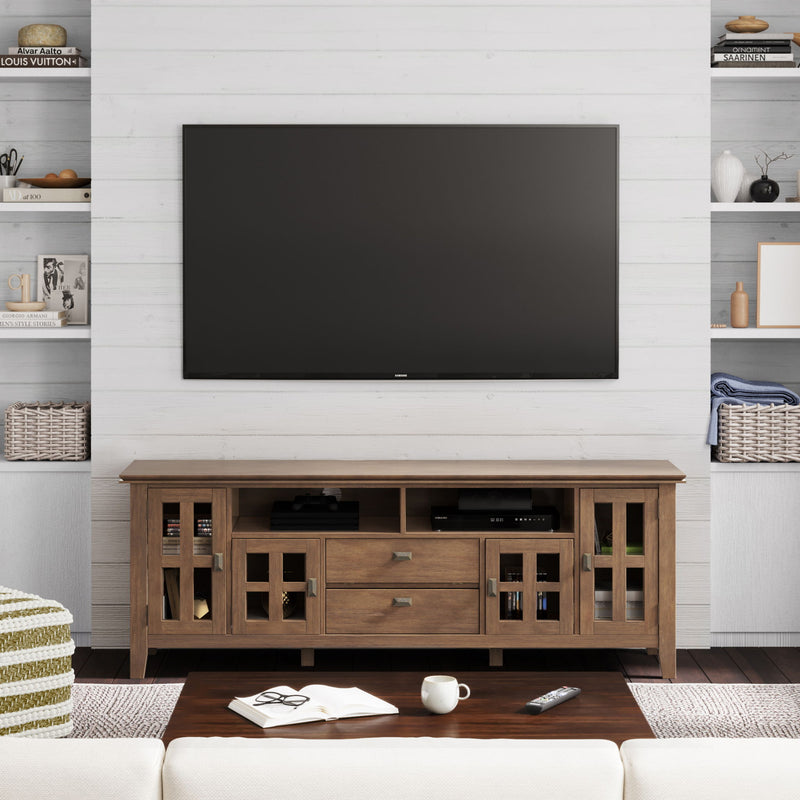 Rustic natural aged brown TV media stand with two drawers and glass-door cabinets