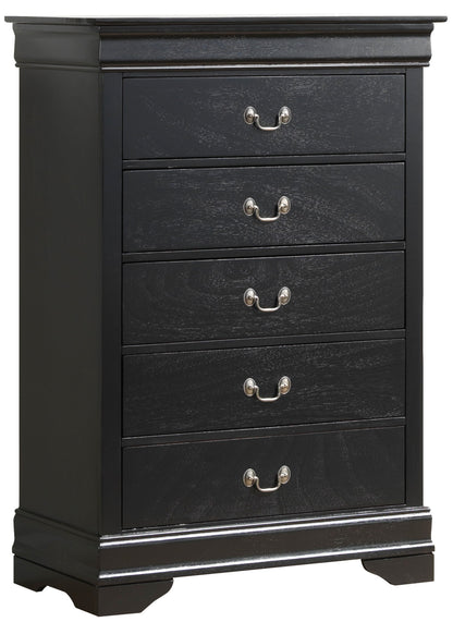 Black traditional storage chest with four drawers and silver curved handles