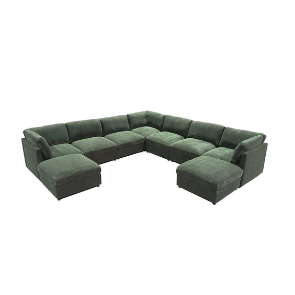 Dark green U-shape sectional sofa with matching ottoman seats