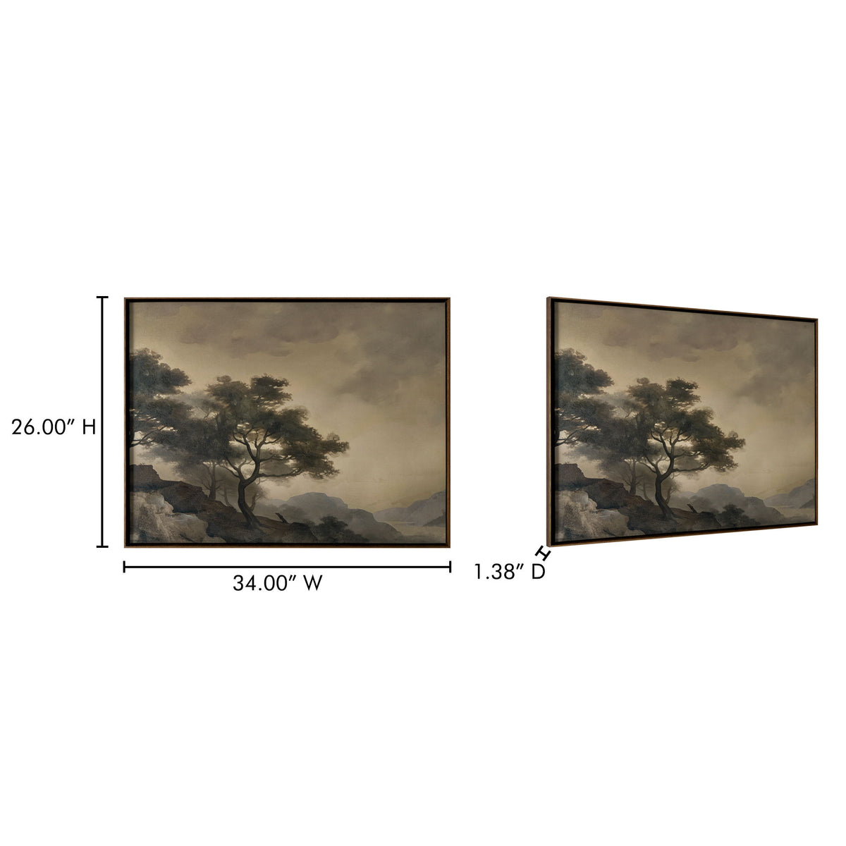 Framed landscape painting with width and height measurements