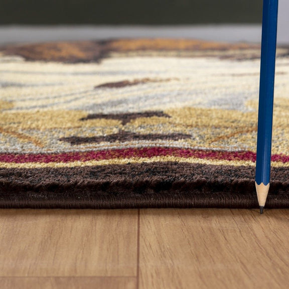 Lodge area rug texture close-up with multicolor stripe border, dark brown pile