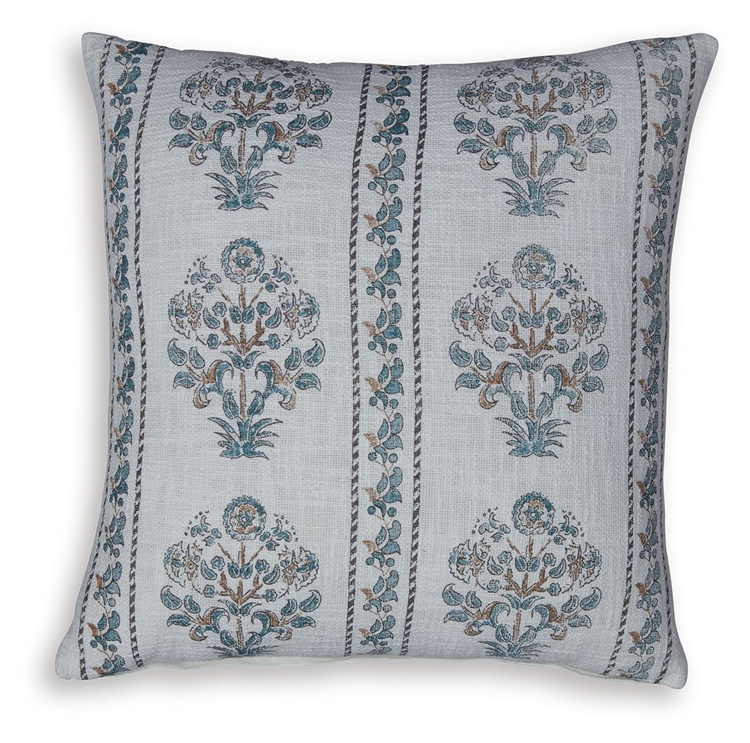 Decorative throw pillow with ivory fabric and blue floral medallions plus vertical border stripe