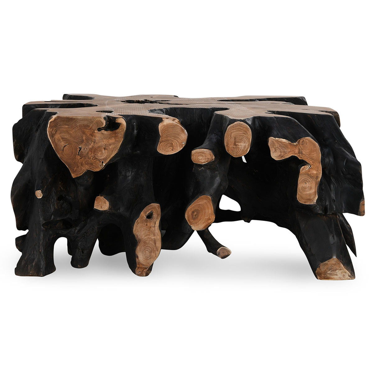 Black wood square coffee table with carved leg ends and thick live-edge tabletop