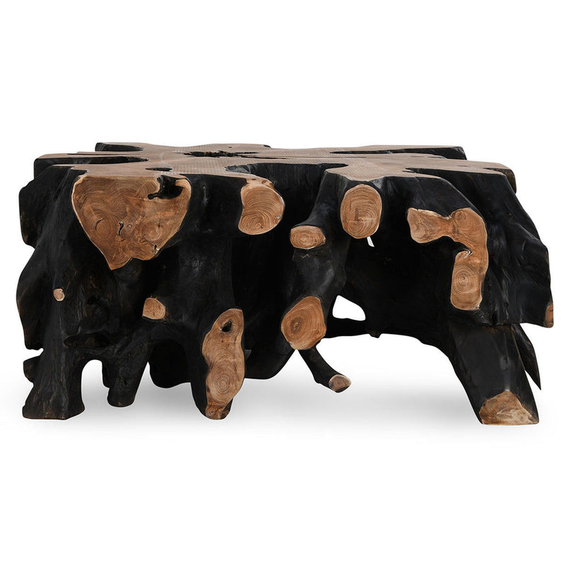 Black wood square coffee table with carved leg ends and thick live-edge tabletop