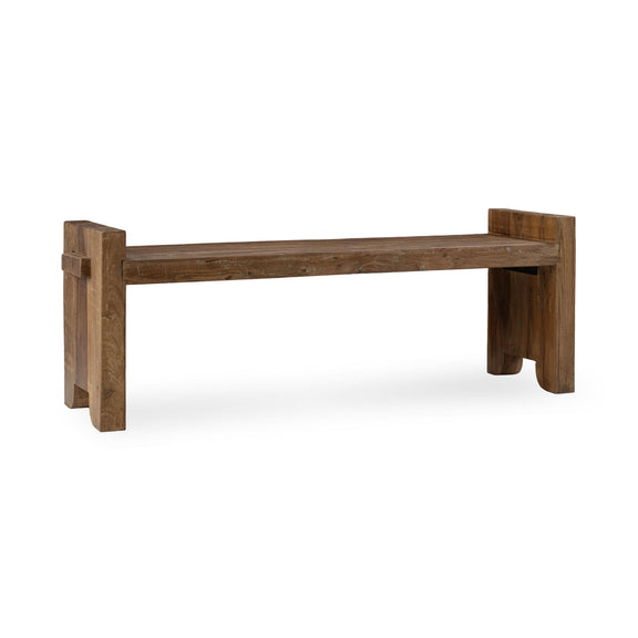 Natural wood bench with long frame and thick end legs