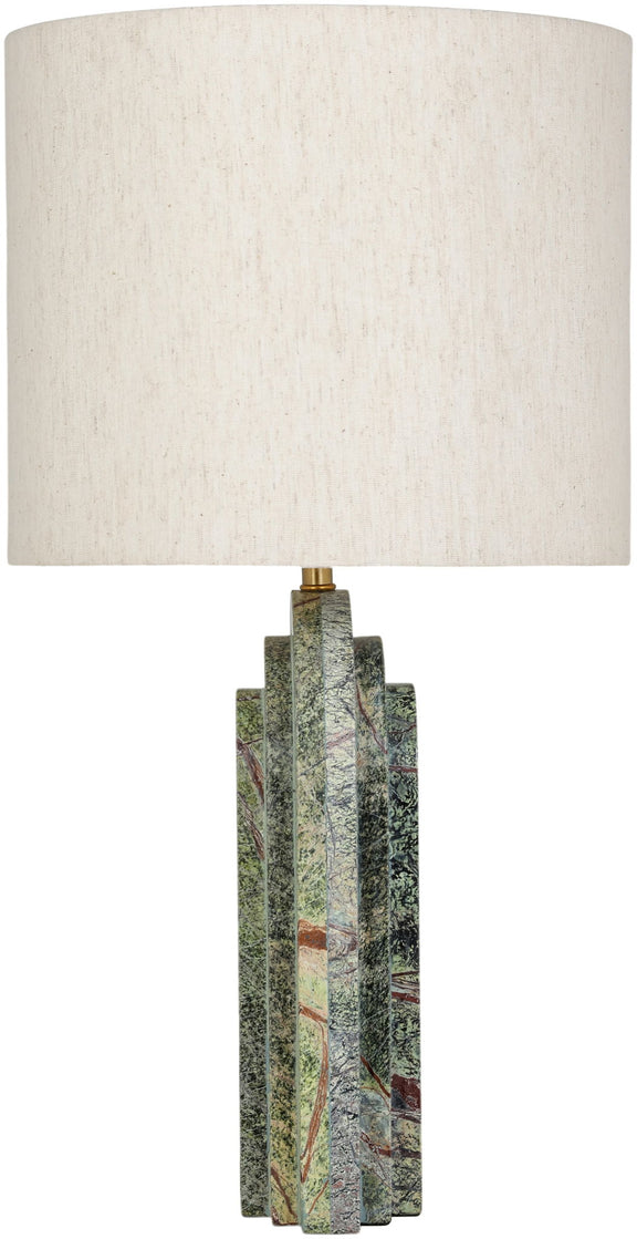 Table lamp with cream fabric shade and green multicolor textured stone base