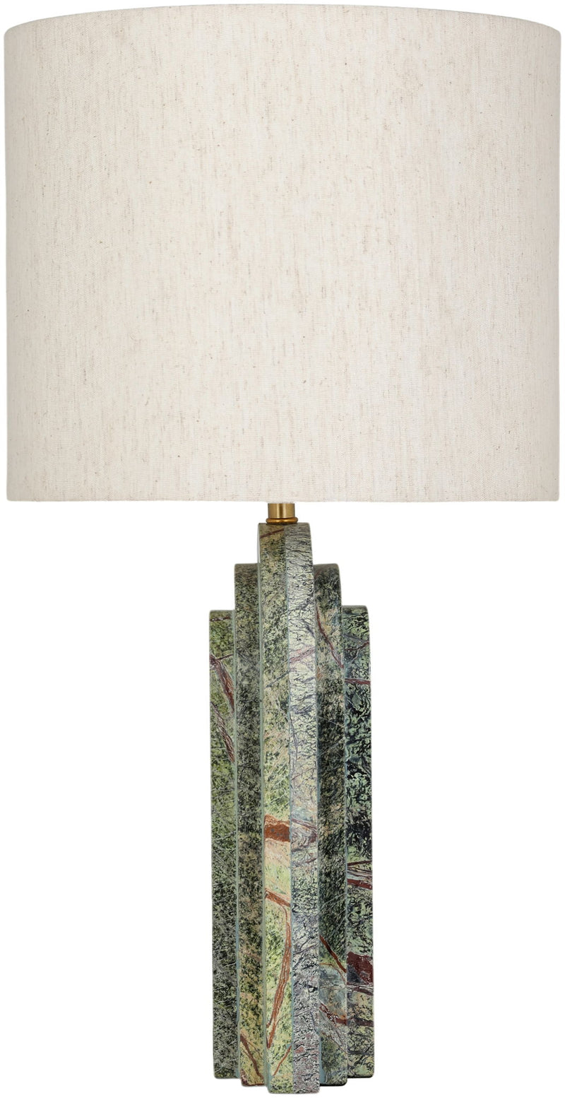Table lamp with cream fabric shade and green multicolor textured stone base