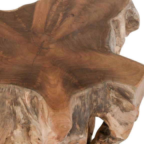 Root end table close-up: swirling wood grain on slab top with natural knots