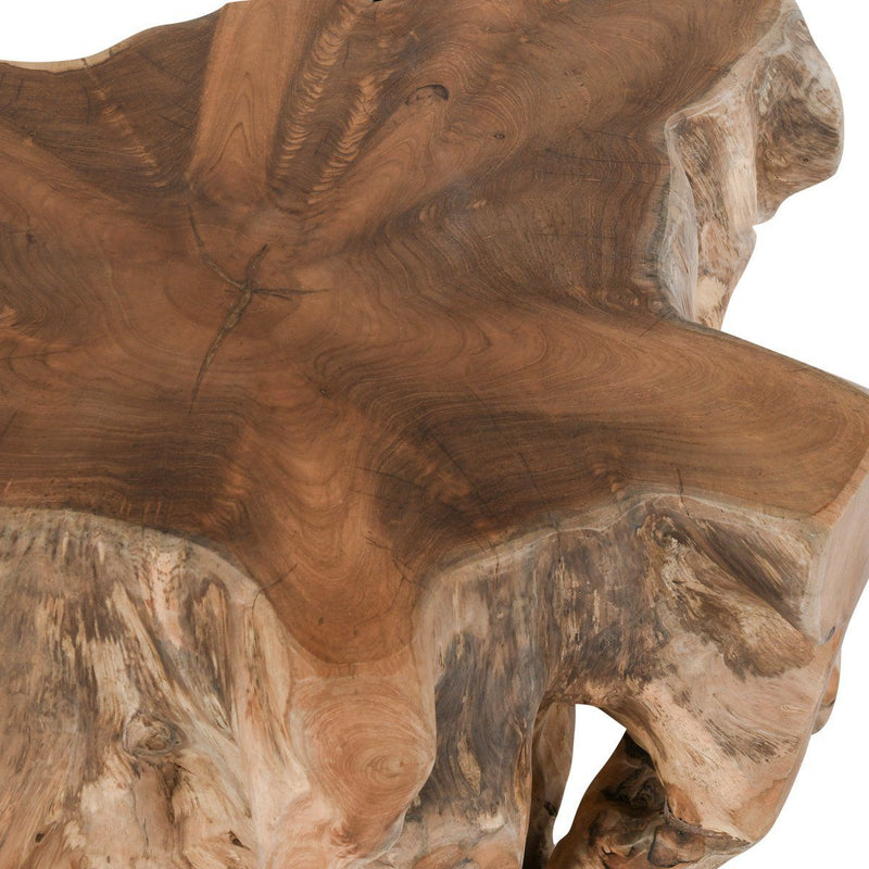 Root end table close-up: swirling wood grain on slab top with natural knots
