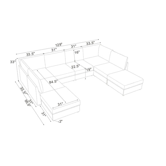 Sectional sofa configuration sketch with labeled dimensions and chaise-style ottoman