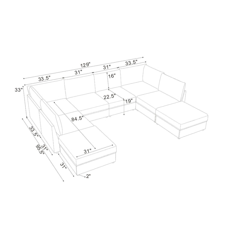 Sectional sofa configuration sketch with labeled dimensions and chaise-style ottoman