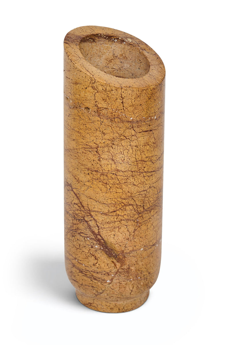 Light brown genuine marble vase with textured cracked pattern and rounded open rim