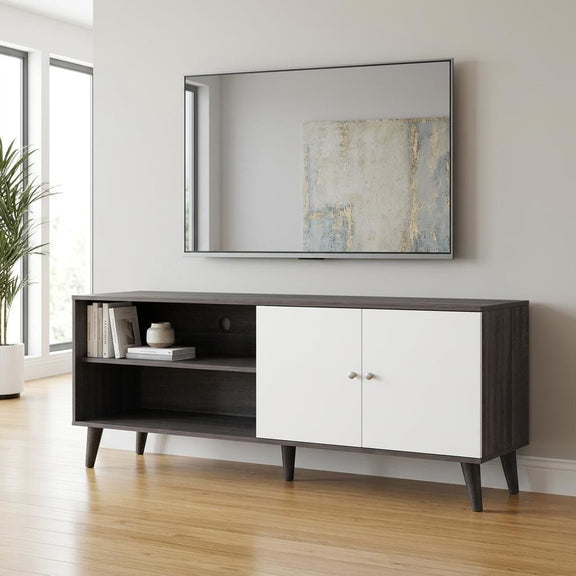 Dark gray TV stand with open shelf and two white cabinet doors, living room view.