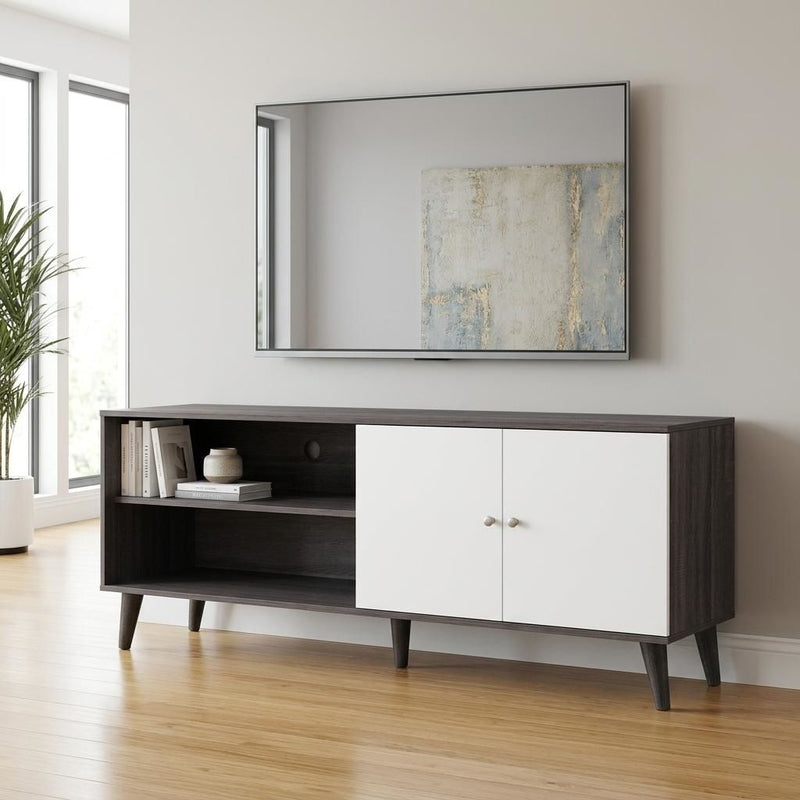 Dark gray TV stand with open shelf and two white cabinet doors, living room view.